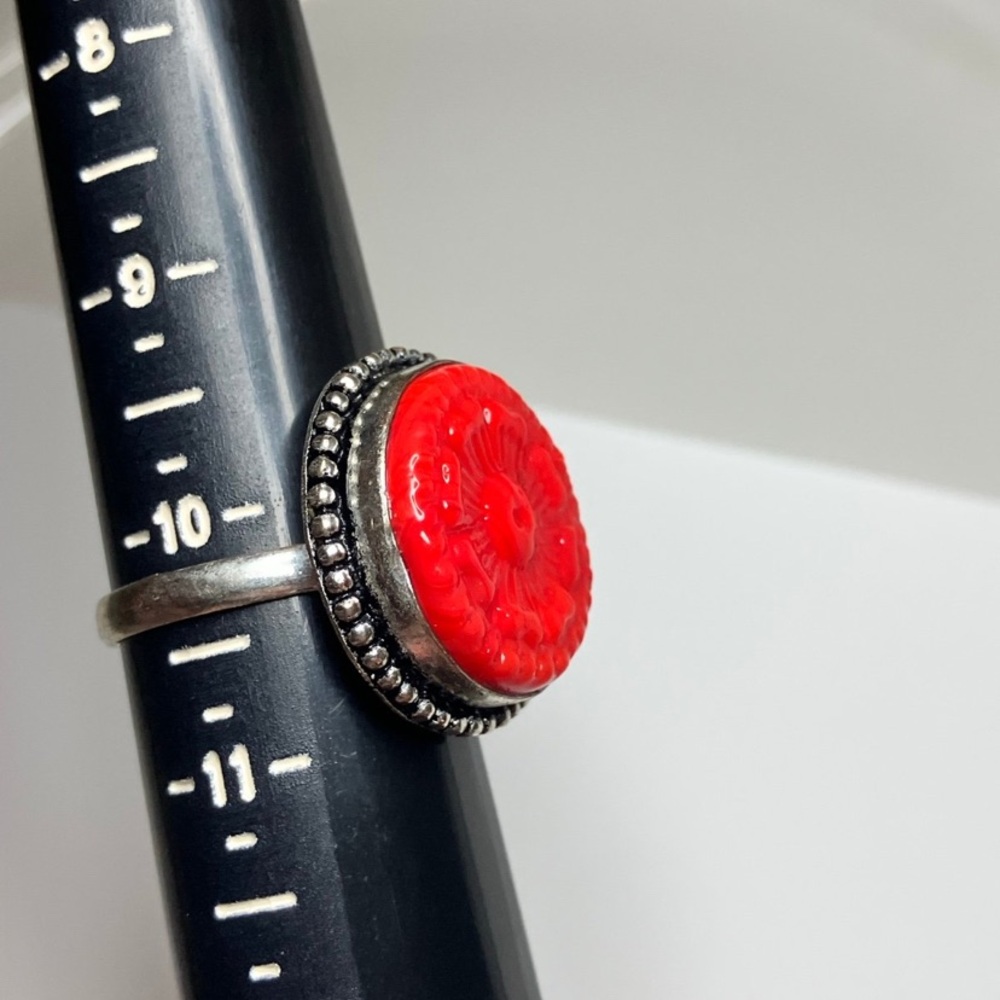 Boho Red glass etched .925 Silver Ring 10 1/4 - Picture 2 of 2